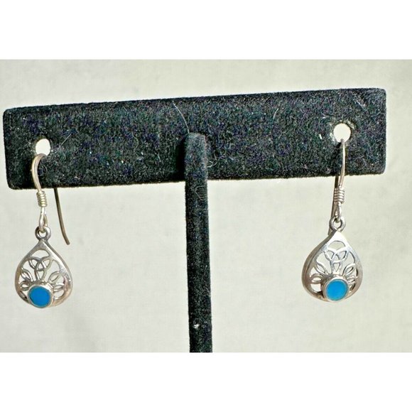 Sterling Silver Celtic Swirl Style Turquoise Dangle Earrings - 1" - Picture 1 of 4